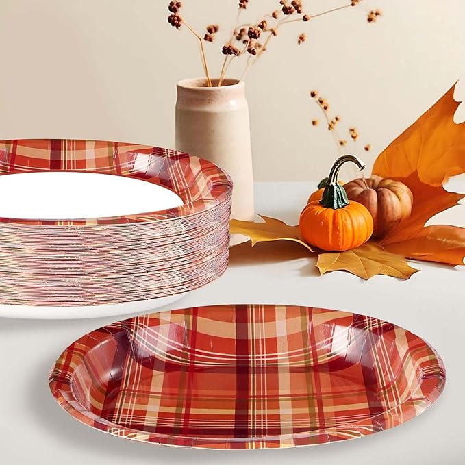 50Pcs Fall Gingham Oval Paper Plates 10" x 12" Large Heavy Duty Disposable Autumn Burnt Orange Buffalo Plaid Dessert Plates Thanksgiving Harvest Platters for Wedding Picnic Birthday Party Supplies