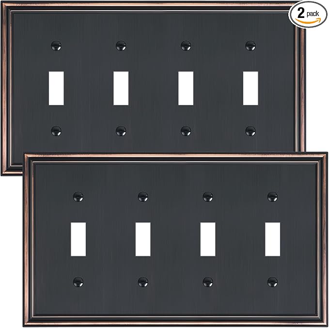 2-Pack Quad Toggle Light Switch Cover Plate, Durable Zinc Alloy Decorative Switch Plate Covers, Aged Bronze 4 Gang Wall Plate for Toggle Light Switch and Rotary Dimmer Switch