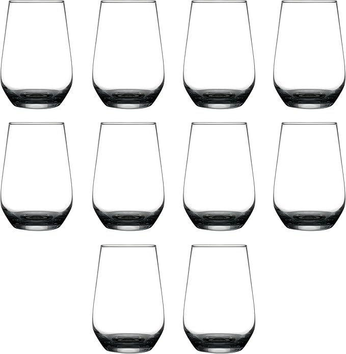 DISCOUNT PROMOS 10 Vaso Silicia Stemless Wine Glasses Set, 16 oz. - Clear, Orb-Like, Thick base - Black