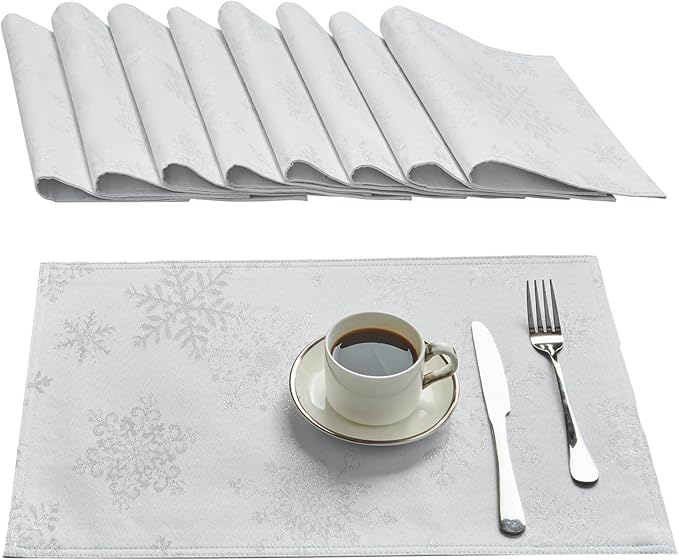 Cloth Place Mats Set of 8–Reusable Rectangular Waterproof Fabric Polyester Washable Wipeable Heat Resistant Jacquard Sparkling Metallic Snowflake for Kitchen Table(White Silver/13x19 Inch)