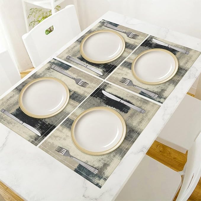 Gradient Placemat Set, Modern Minimal Fashion Abstract Beige Grey Blue Art Oil Painting Brush Strokes Patchwork Pattern Home Decor Linen Table Mats for Dining Room Kitchen Party (17x12in) x2P