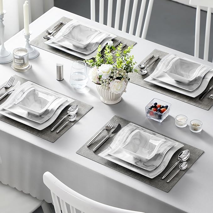 MALACASA Square Dinnerware Sets, 26-Piece Marble Grey Plates and Bowls Sets, Porcelain Dinner Set Microwave Safe, Kitchen Dinnerware Plates Set, Dishes and Bowls, Service for 6, Series Flora