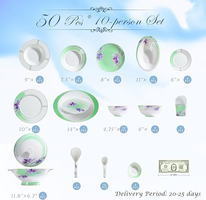 50 Pcs Fine Bone China Dinnerware Set, Porcelain & Ceramic Dinnerware Sets, Bone Stoneware & Ceramic Cookware Tableware Set Includes Dinner Plates|Spoons|Pasta Bowls|Soup Pot|Chopsticks