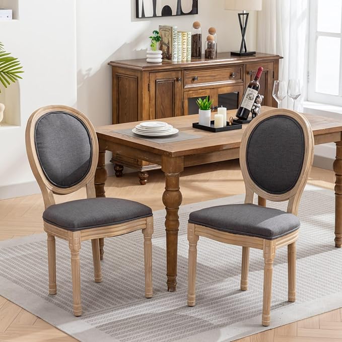 Vintage French Dining Chairs Set of 8, Round Back Accent Chairs with Linen Seat and Solid Wood Frame, Farmhouse Sillas de Comedor Upholstered for Dining Room & Kitchen, Gray