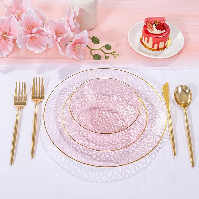 Rubtlamp 20 Pack Clear Pink Disposable Bowls, Pink Plastic Bowls with Gold Rim, 12-16oz Premium Heavy Duty Plastic Dinner Bowls for Party, Wedding and Holiday