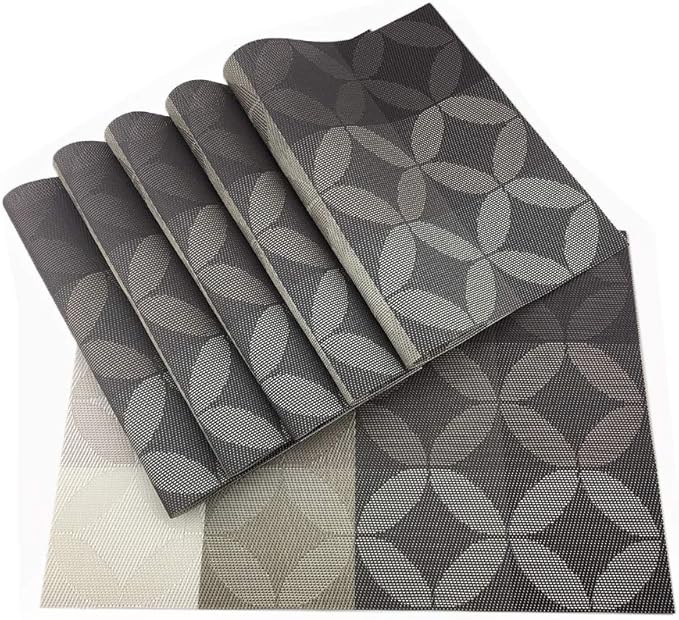 Gugrida Set of 6 Heat-Resistant, Stain Resistant, Anti-Skid, Washable Non-Slip PVC Woven Vinyl Kitchen Table Mats - 30x45 cm (Black)