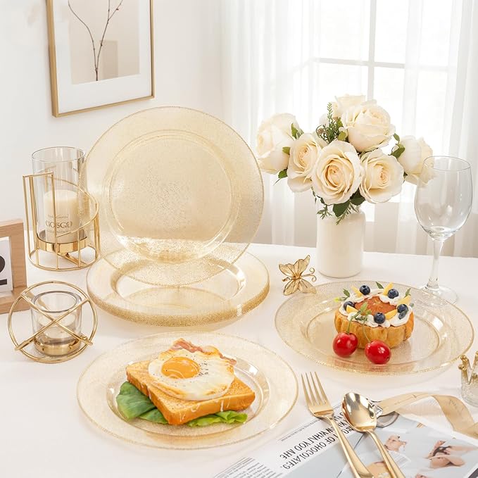bUCLA 100PCS Gold Glitter Plastic Plates - 10.25inch Premium Plastic Glitter Disposable Dinner Plates - Ideal for Party & Thanksgiving