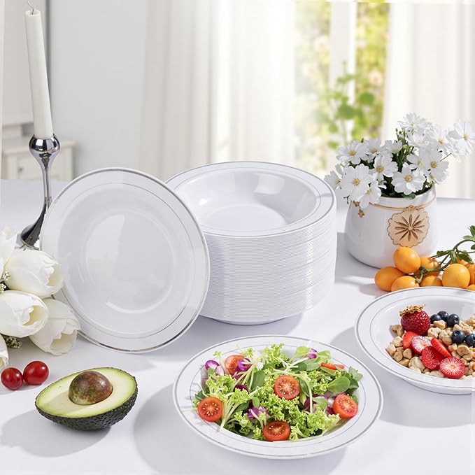 bUCLA 60 Pack Plastic Bowls with Silver Rim - 12 oz Plastic Soup Bowls Disposable for Party, Wedding, Christmas & Gathering