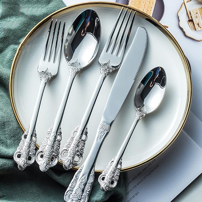 Silverware Set for 6 Premium 18/10 Stainless Steel Flatware Set Palace Style 30 Piece Cutlery Tableware Utensils Embossed Decorative Handle Knives Forks and Spoons for Home Christmas Wedding