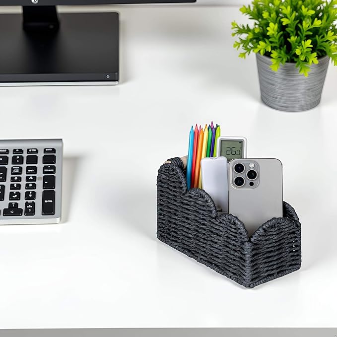 CubesLand Bedside Table Desk Organizer Caddy, Remote Pen&Pencil Holder Cup, Makeup Brush Holder w/Scalloped Perfect for Home, Office Desk, Living Room Table Decor, 3 Slots Black