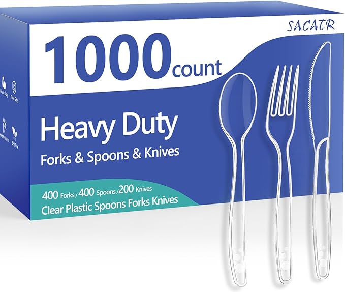 SACATR 1000 Count Plastic Silverware Heavy Duty - 400 Forks, 400 Spoons, 200 Disposable Knives, BPA-Free, Disposable Plastic Cutlery Set, Plasticware Suitable for Party Everyday Use ﻿