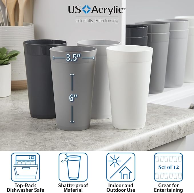 US Acrylic Newport 20 ounce Unbreakable Plastic Stackable Water Tumblers in Grey Stone | Set of 12 Drinking Cups | Reusable, BPA-free, Made in the USA, Top-rack Dishwasher and Microwave Safe | Unbreakable, Stackable, Drinking Cups, Reusable, BPA-free, ...