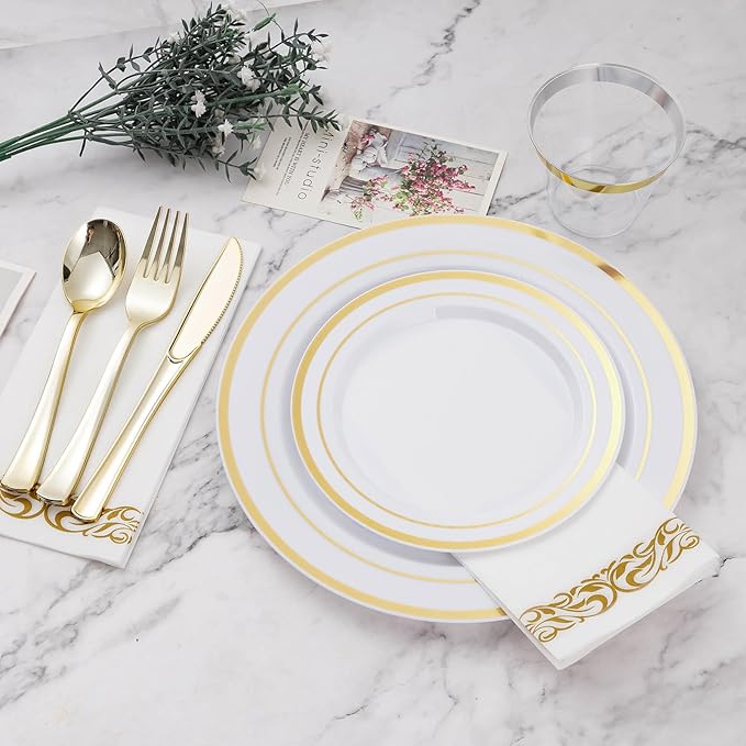 BESTVIP 350 PCS Gold Dinnerware Set for 50 Guests, Plastic Dinnerware Set for Party, Wedding, Christmas, Include: 100 Plastic Plates, 50 Gold Silverware, 50 Cups, 50 Paper Napkins