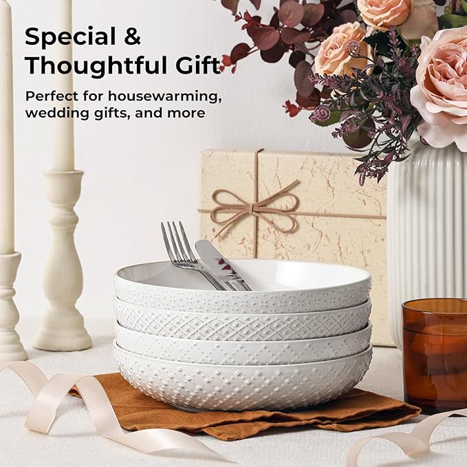 Y YHY 8.5" Pasta Bowls Set of 4, 30 oz Embossed Salad Bowls for Serving Soup, Noodle, Fruit, Dinner, Kitchen Deep Plates, Ceramic Dinnerware Sets, Soft White Dishes for Thanksgiving Day Gifts