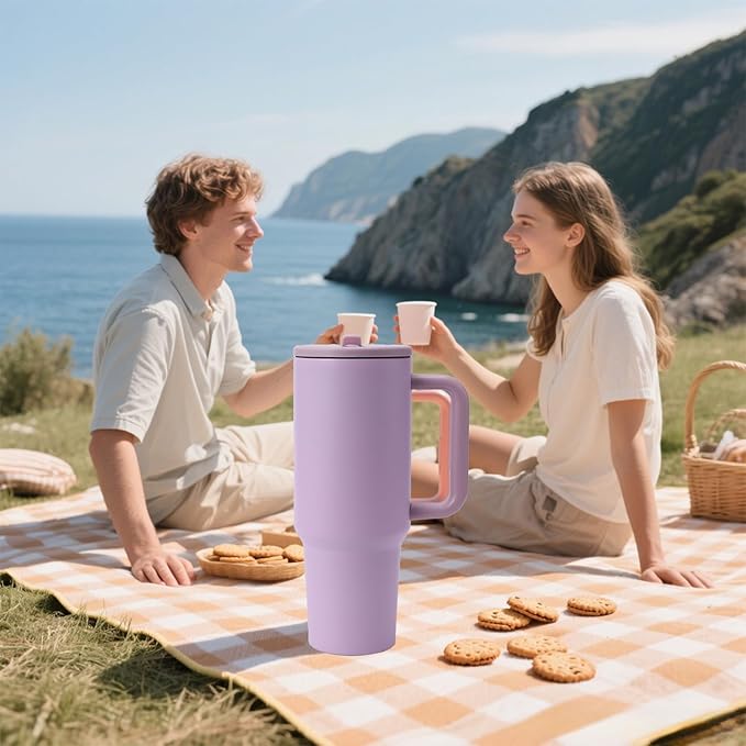 40oz simple design insulated water cup, 3 reusable straws and cleaning brushes | 304 stainless steel, long-term insulation and cold, no water leakage | 4 colors: pink/rose/purple/blue.