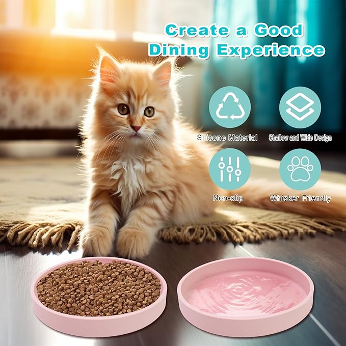 Silicone Dog Bowl Shallow Cat Food Bowls, 6 Inch Wide Cat Bowls Whisker Friendly, No Spill Less Mess Dog Plates for Dry and Wet Food, Set of 2 Puppy Bowls for Small Dogs and Cats
