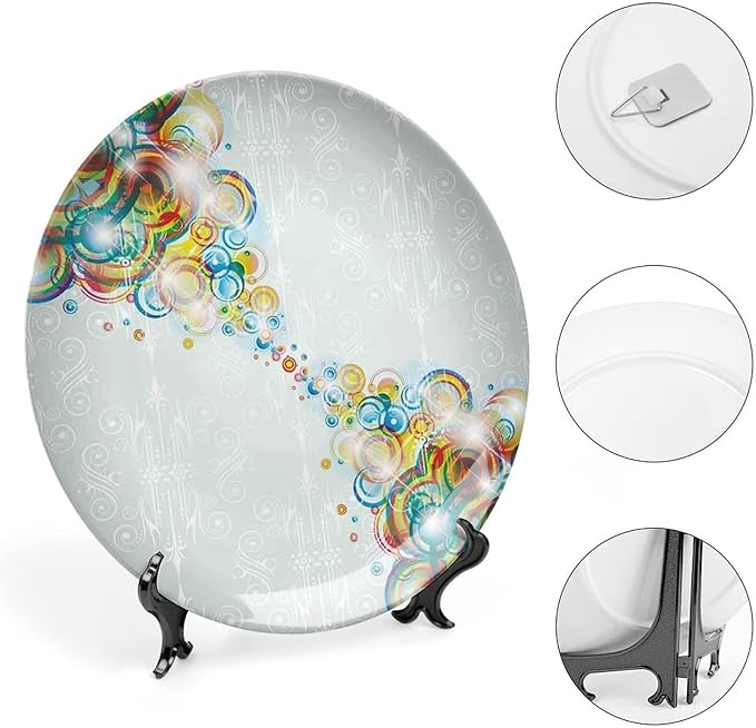 Ceramic Plates, Abstract Decorative Ceramic Plates, Modern Design Rainbow Waves Circles Patterned, 7 Inch, Household Plates Decorative, Multicolor