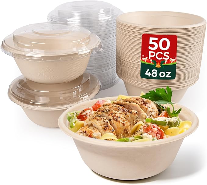 50-Pack 48oz Round Disposable Bowls with Lids - 100% Sugarcane Fiber, Paper Round Bowls for Soup, Salad, Ramen, Popcorn