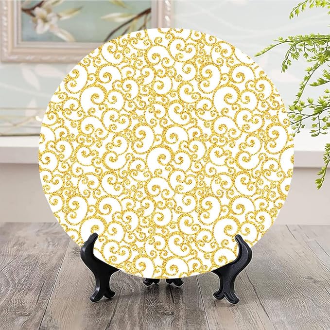 Ceramic Display Plate, Victorian Ceramic Hanging Decorative Plate, Swirling Lines Floral, 10 Inch, Household Custom Ceramic Plate, Golden
