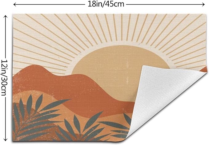 Mid Century Boho Sunset Placemats Vintage Farmhouse Abstract Plant Mountain Sunset Washable Place Mats 12x18Inch for Dining Kitchen Farmhouse Decor 6 PCS