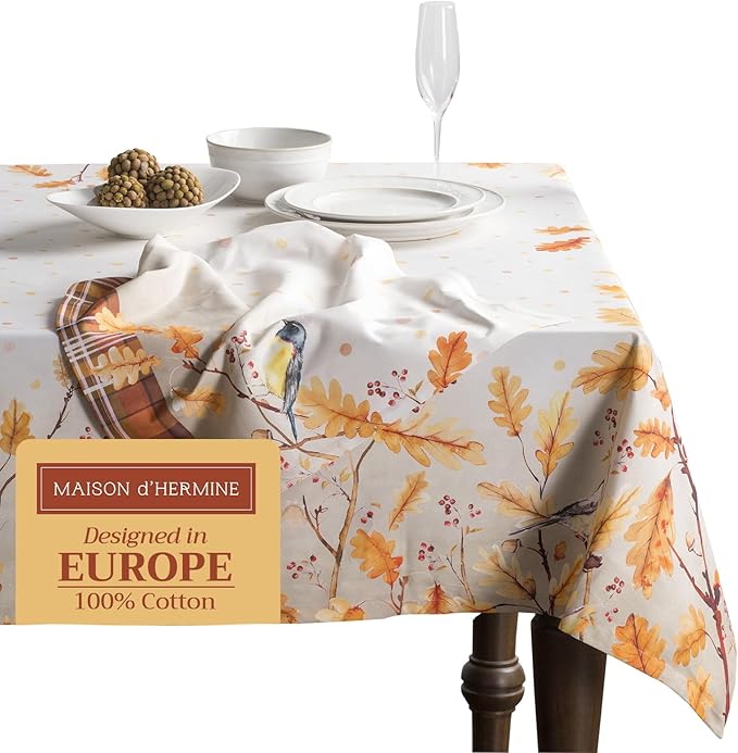Maison d' Hermine Table Cloth Rectangle Table 100% Cotton 70 x 90 Inches Fall Tablecloth Reusable Everyday Use for Thanksgiving Christmas Decorations Dining Farmhouse Party (Oak Leaves)