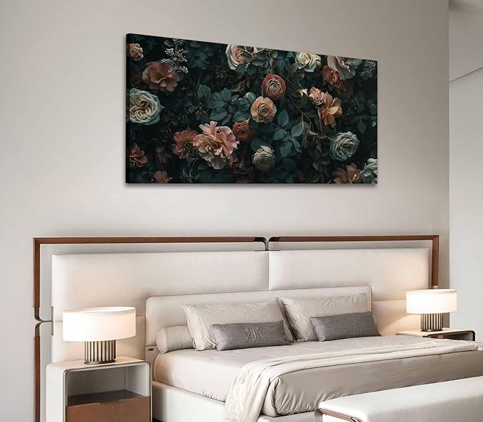 ADJUVANT Wall Art Floral 60"L x 30"W, Dark Hued Vintage Flowers With Lush Foliage Canvas Painting Elegant Blooms Artwork Retro Garden Prints Floral Wall Decor for Living Room Bedroom Study Home Office
