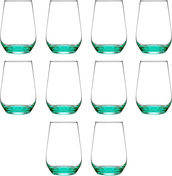 DISCOUNT PROMOS 10 Vaso Silicia Stemless Wine Glasses Set, 16 oz. - Clear, Orb-Like, Thick base - Green