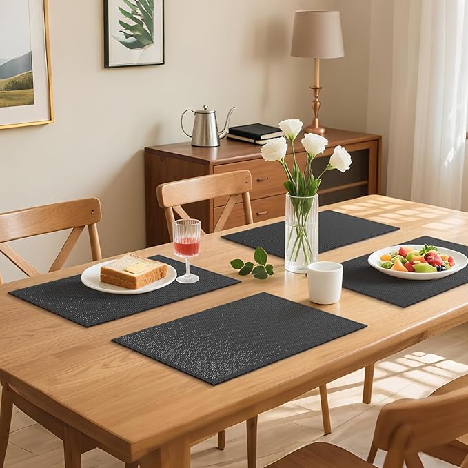 Blue Forest Placemats Set of 8,Dual-Layered Thickened Faux Linen Table Mats Heat Resistant Machine Washable Wrinkle Free Place Mats for Kitchen Dining Outdoor/Indoor (Dark Green)