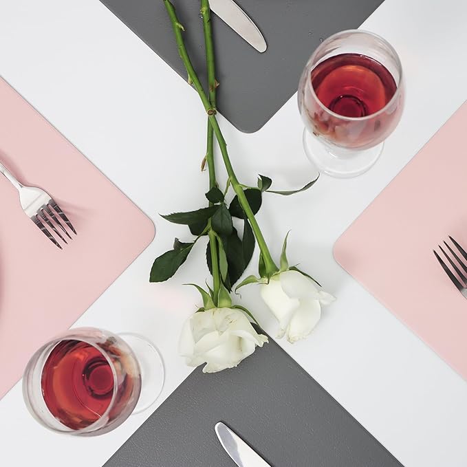 Faux Leather Placemats HeloHo Pink and Grey Table Place Mats Set of 6 Waterproof Oilproof Heat Stain Resistant Washable Wipeable Placemat for Kitchen Dining Table Decoration Indoor Outdoor