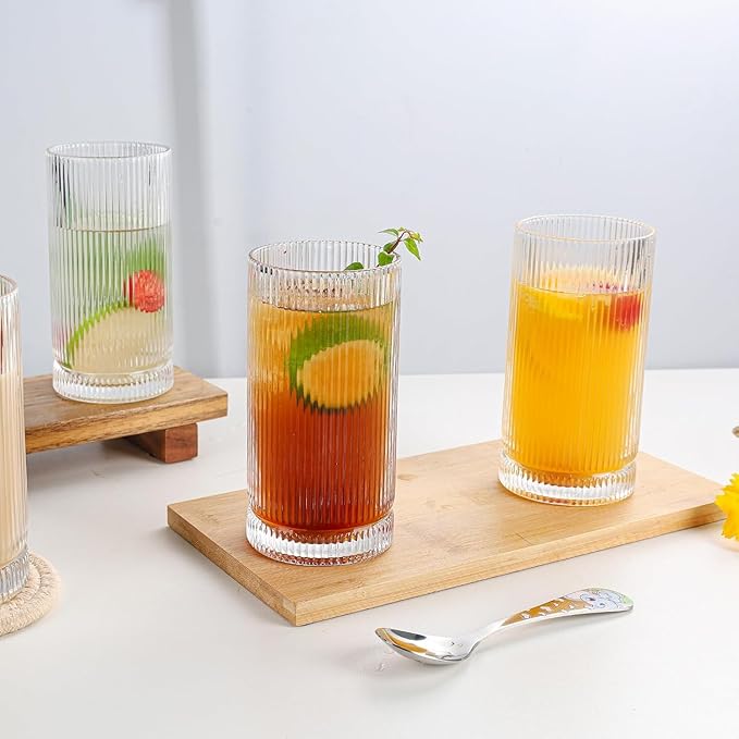 Glass Cups Vintage Glassware Set of 4 Large, Origami Style Transparent Cocktail Glasses Set, Bar Beverages Ice Coffee Cup Juice Ripple Drinkware, Fluted Design