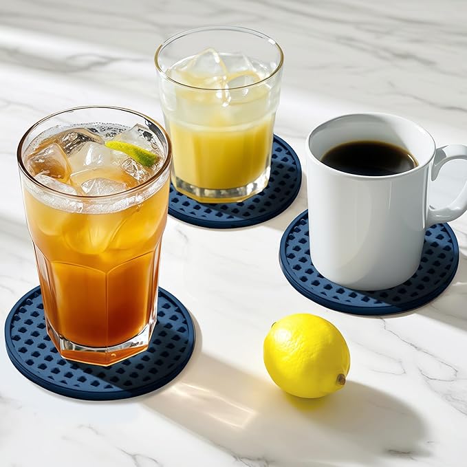 Coasters for Drinks, Silicone Coasters Set of 16 with Metal Holder, Outdoor Coaster for Coffee Table, Non-Slip Rubber Table Cup Mat Desk, Heat Resistant & Scratch-Proof (Navy Blue)