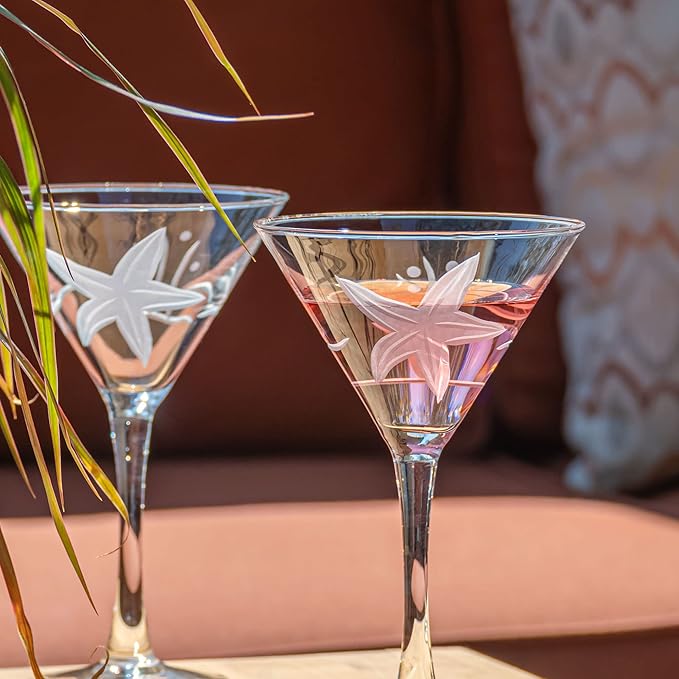 Rolf Glass Starfish Martini Glass 10 Ounce | Set of 4 Stemmed Martini Glasses | Lead-Free Crystal Glass | Diamond-Wheel Etched Cocktail Glasses | Made in the USA
