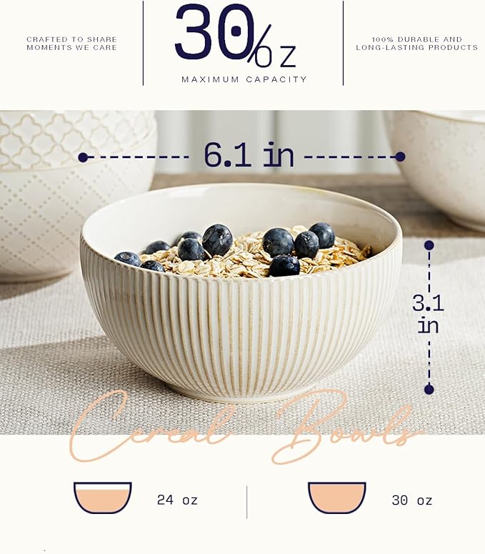 getstar Ceramic Soup Bowls, Cereal Bowl Set of 4 with Assorted Embossment (6.1 inch & 30 oz), Farmhouse Vintage Color Bowls for Kitchen