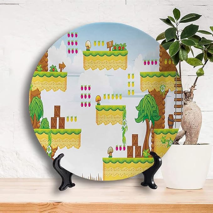 Ceramic Display Plate, Video Games Ceramic Hanging Decorative Plate, Cartoon Retro Computer Graphic Kids Western, 10 Inch, Household Custom Ceramic Plate, Multicolor