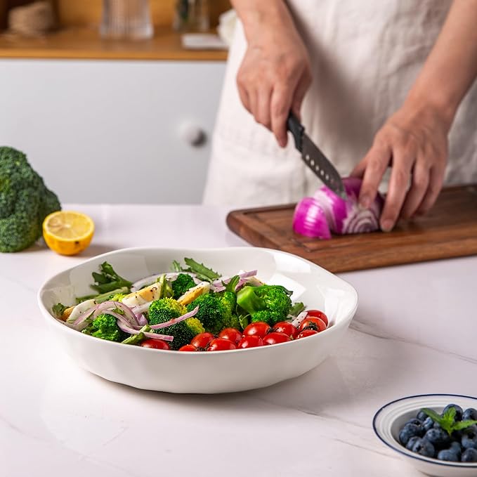 LERATIO 9.75 "Ceramic Flat Pasta Bowls, Wavy Rim 38oz Large Bowls Set of 4 for Kitchen,Modern Porcelain Stoneware pasta bowls,Dishwasher & Microwave & Oven Safe Bowls with for Pasta-White