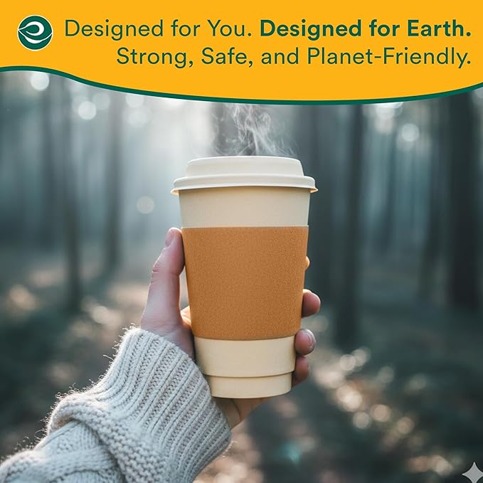 ECO SOUL 50 Pack 16 oz Disposable Coffee Cups with Lids & Sleeves Eco-Friendly, Biodegradable, Compostable, Leak-free & Sturdy To Go Hot Drink Cup for Tea, Chocolate Party Travel Cafe Office & Home