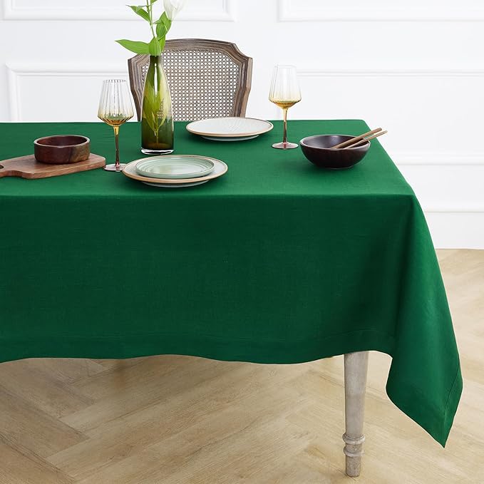 Solino Home Linen Tablecloth 60 x 120 Inch - 100% Pure Linen Christmas Green Table Cloth for Rectangle Tables - Fete, Machine Washable Tablecloth for St Patricks Day
