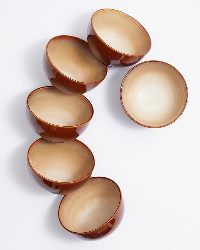 Reactive Glaze Bowls Set of 6, Microwave and Dishwasher Safe Bowls, Stoneware Soup Bowls, Kitchen Bowl Set for Cereal Soup Rice Pasta Salad Oatmeal, Brown and Yellow