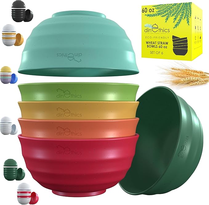 60-OZ Big Bowl Set - Unbreakable Microwave Safe Bowls with 6 Large Salad, Serving & Cereal Bowls - Wheat Straw Material - Ideal for Ramen, Soup, Snack & Big Breakfast