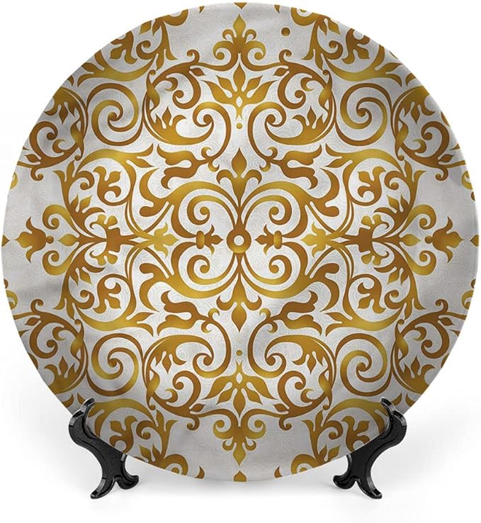 Decorative Plates, Victorian Print Ornament, Victorian Lace Floral, 6 Inch, 1 Plate with 1 Display Stand, Golden