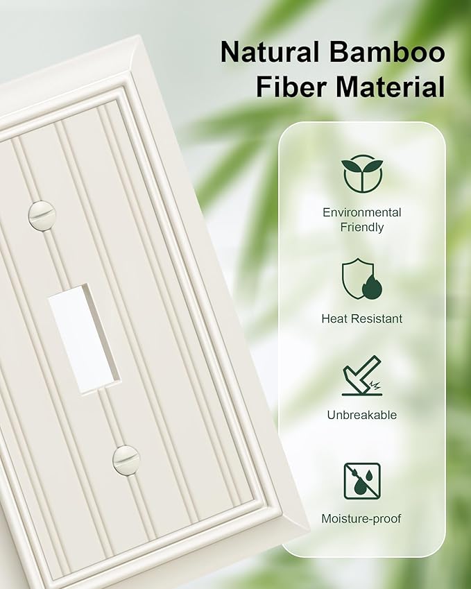 2-Pack Classic Beadboard Single Toggle Light Switch Cover Plate, Durable Natural Bamboo Fiber Decorative Switch Plate Covers, Light Almond 1 Gang Wall Plate
