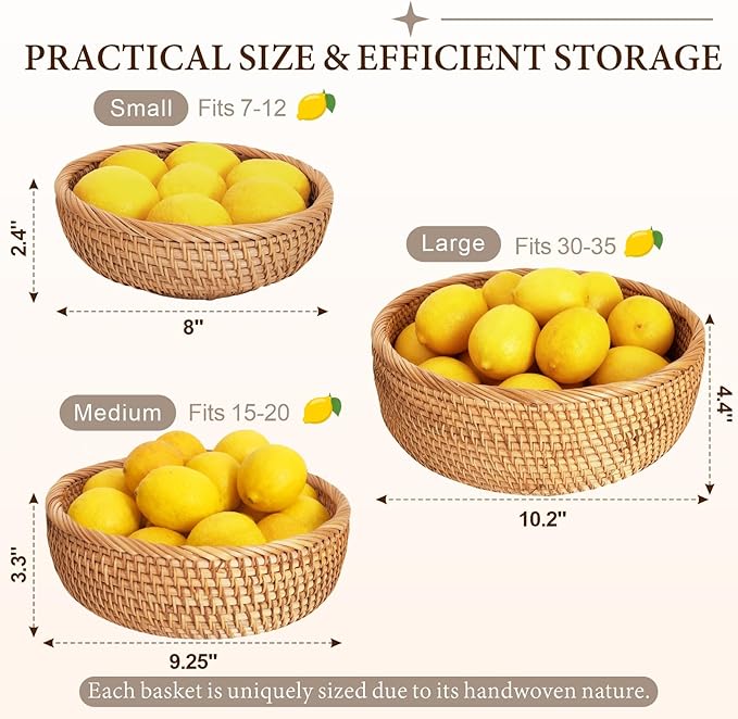 Rattan Bread Baskets for Serving, Hand Woven Food Baskets, Natural Wicker Fruit Basket for Kitchen Counter, Decorative Bread Basket for Serving, Fruits, Snacks, Candies, Nuts, Keys, Etc.(Round-Combo)