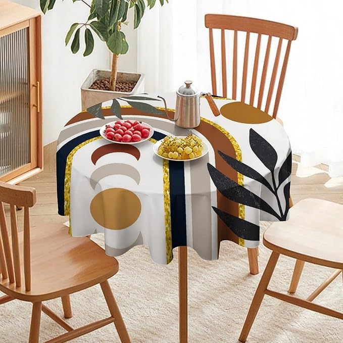 Mid Century Boho Round Tablecloth, Modern Abstract Sun Moon Bohemian Leaves Tablecloth for Home Party Dining Room Kitchen Decor 50Inch(127cm)