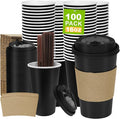 100 Pack 16 oz Disposable Coffee Cups with Lids and Sleeves, To Go Coffee Cups with Lids, Leak-Proof Hot Coffee Cups, PLA Black Paper Coffee Cups for Hot Beverage