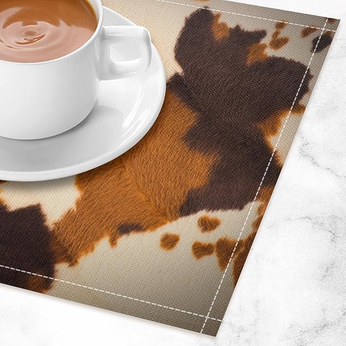 Cow Print Placemats,Farm Animal Brown Cowhide Print Place Mats,Western Highlands Pattern Kitchen Table Mats for Dining Kitchen Party Holiday Decor 12x18 in Set of 6