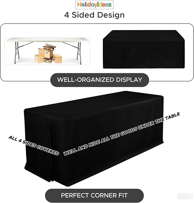 HolidayIdeas 4 Pcs Fitted Black Table Cloths for 6 Foot Rectangle Tables, Wrinkle Resistant Washable Table Covers 72x30 Inch for Vendor Booth Display, Banquet, Trade Show