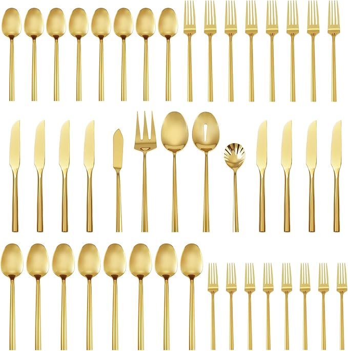 Silverware Set 45-Piece Stainless Steel Cutlery Set, Gold Hexagon Mirror Polished Flatware Serving Set, Service for 8
