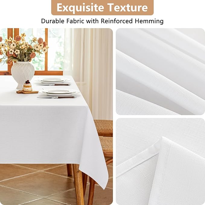 Textured White Fabric Table Cloth Rectangle Stain Resistant & Reusable Faux Linen Rectangular Tablecloth Easy Clean for Dining Kitchen Wedding 60 x 102 Inch