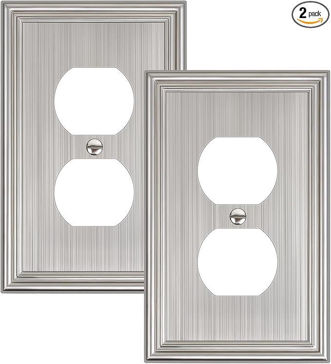 2-Pack Single Duplex Outlet Cover Plate, Decorative Brushed Nickel Switch Plates and Outlet Covers, Metal Wall Plates for Electrical Outlets, 1 Gang Receptacle Cover, Corrosion Resistant