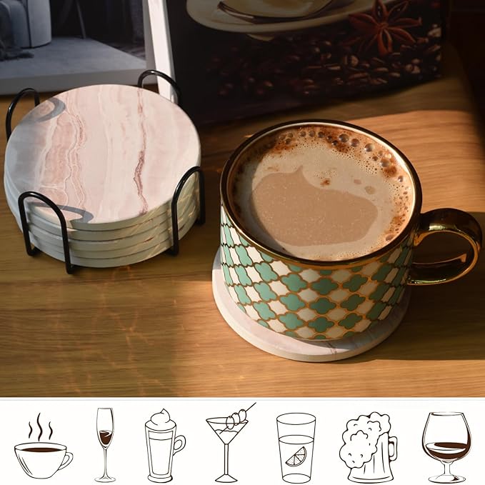 6Pcs Drink Coasters with Holder, Round Marble Style Ceramic Drink Coaster, Absorbent Coaster Set for Home Decor Tabletop Protection, Suitable for Kinds of Cups, Housewarming Gift, 4 Inches